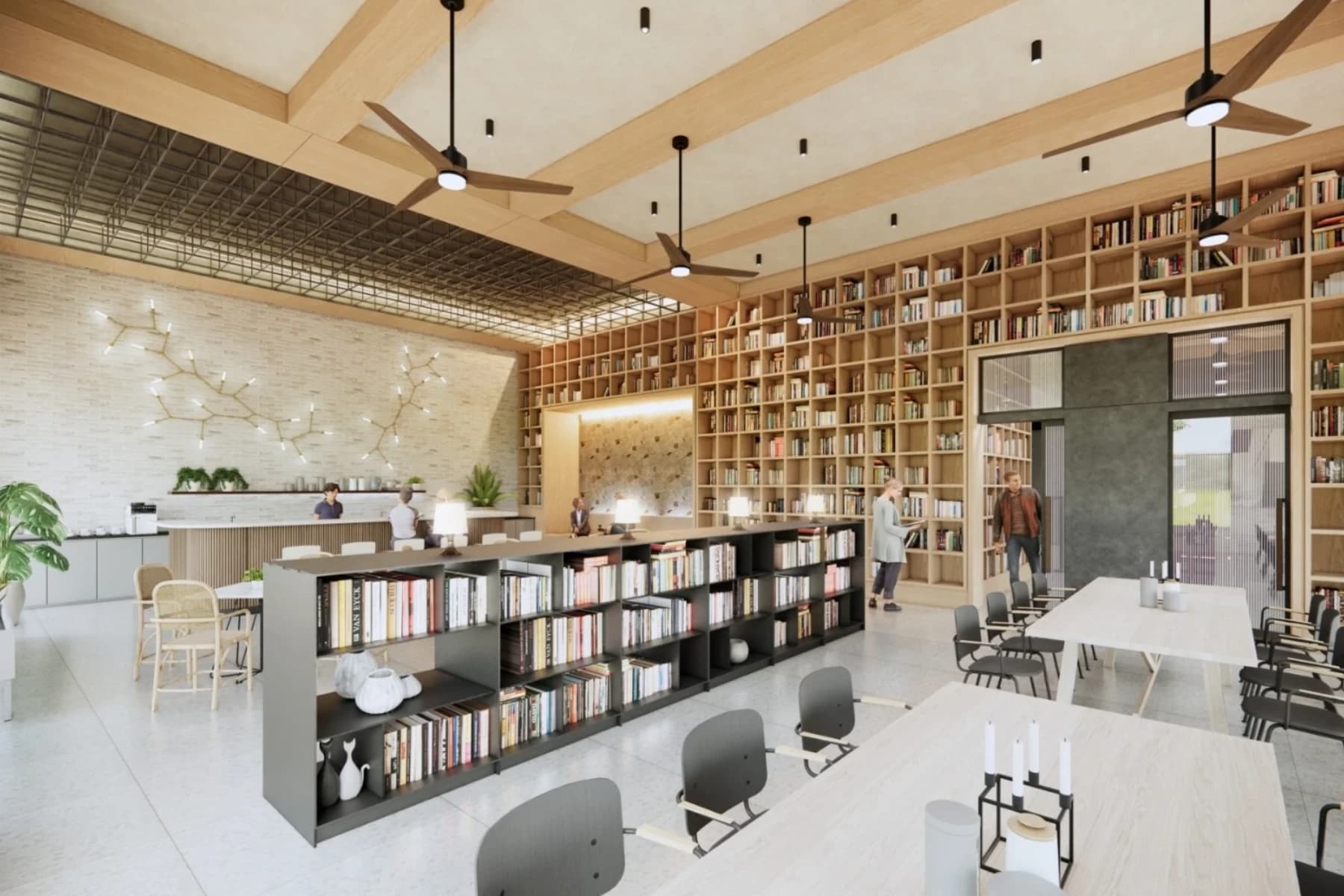 順天蘊華交誼圖書館的開放式閱讀與咖啡交流空間，以大面書牆、木質書架與自然採光營造共享環境