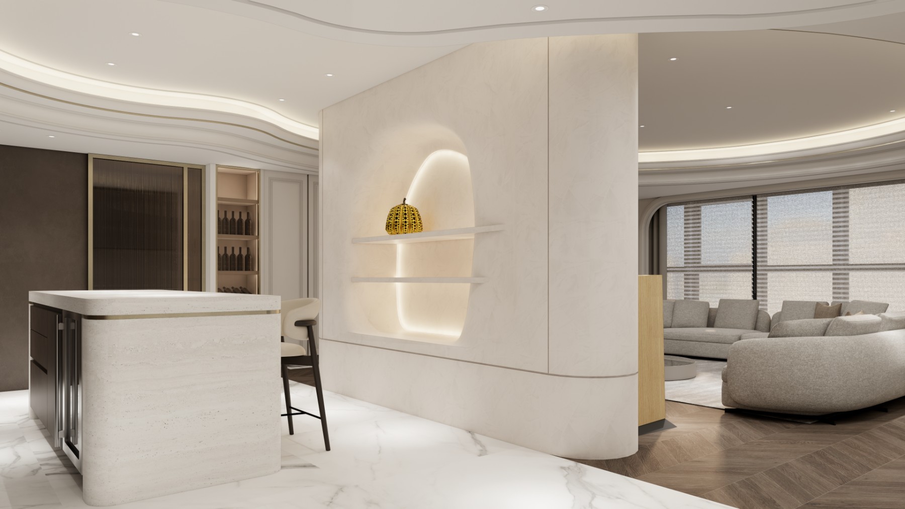 由鉅三希 C Residence 台中豪宅室內設計，石材中島、弧形展示牆與開放式客廳的空間銜接
